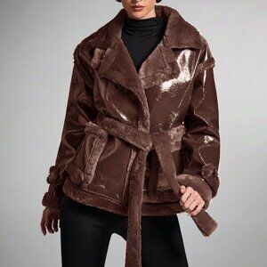 Coffee Brown Casual Women's faux fur detailed Long Sleeve faux Leather Jacket